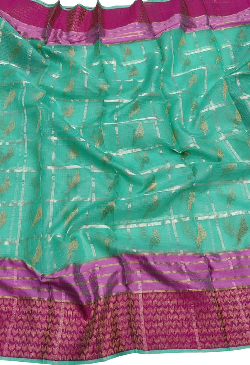 Green Kota Doria Handloom Saree with Real Zari Weaving - Luxurion World