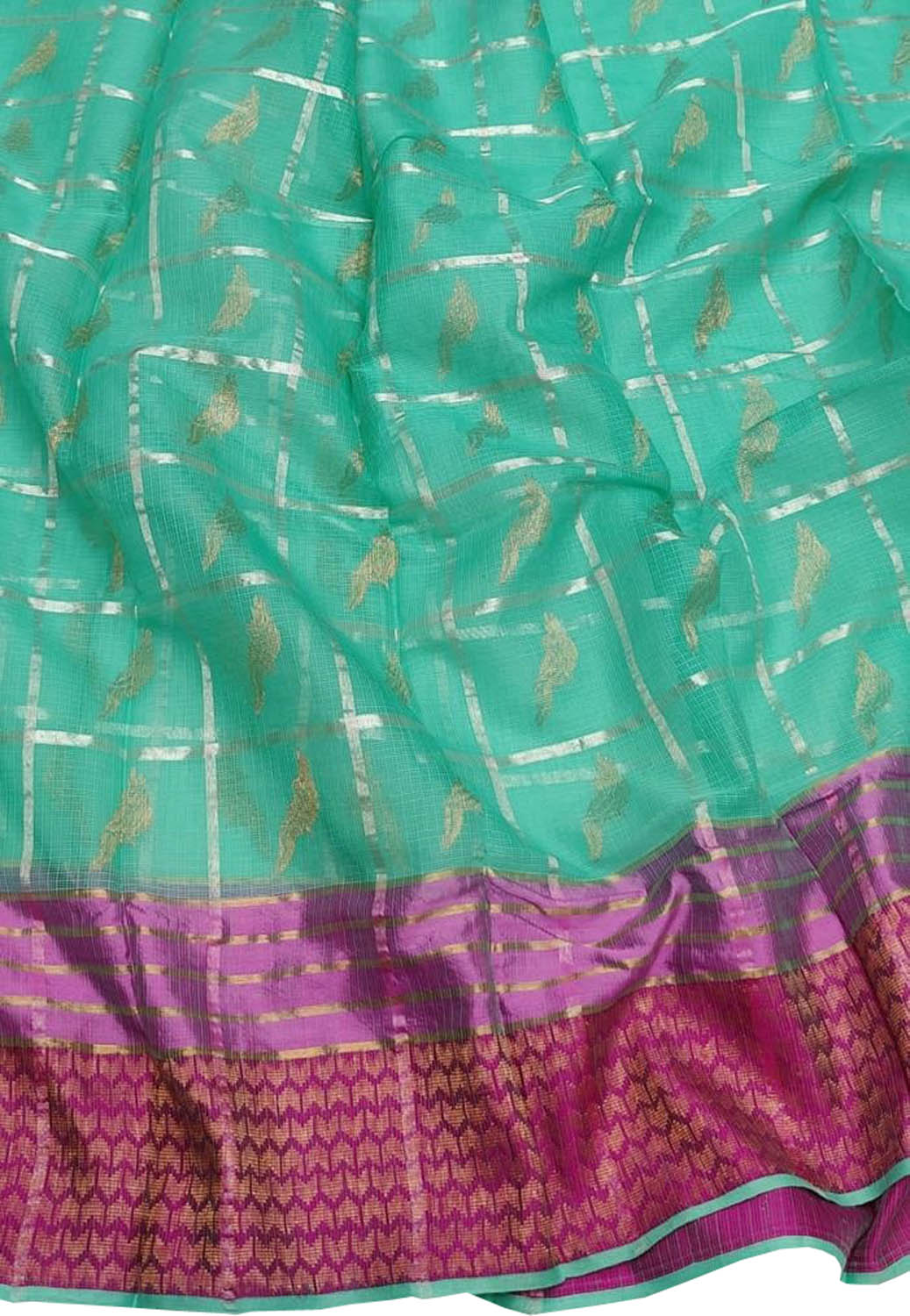 Green Kota Doria Handloom Saree with Real Zari Weaving - Luxurion World