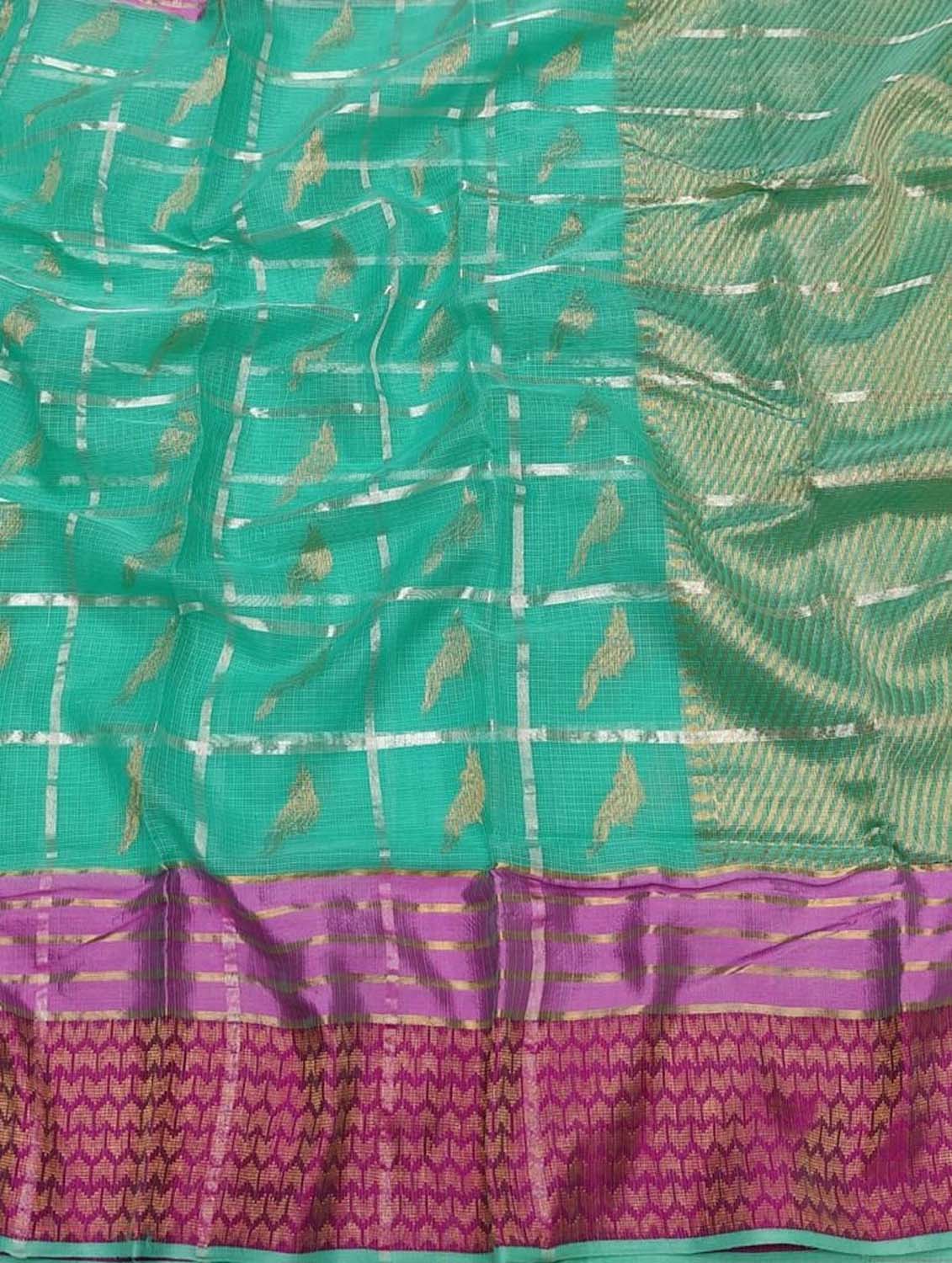 Green Kota Doria Handloom Saree with Real Zari Weaving - Luxurion World