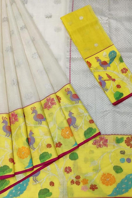 Stunning Off White and Yellow Kota Doria Saree with Real Zari Weaving - Luxurion World