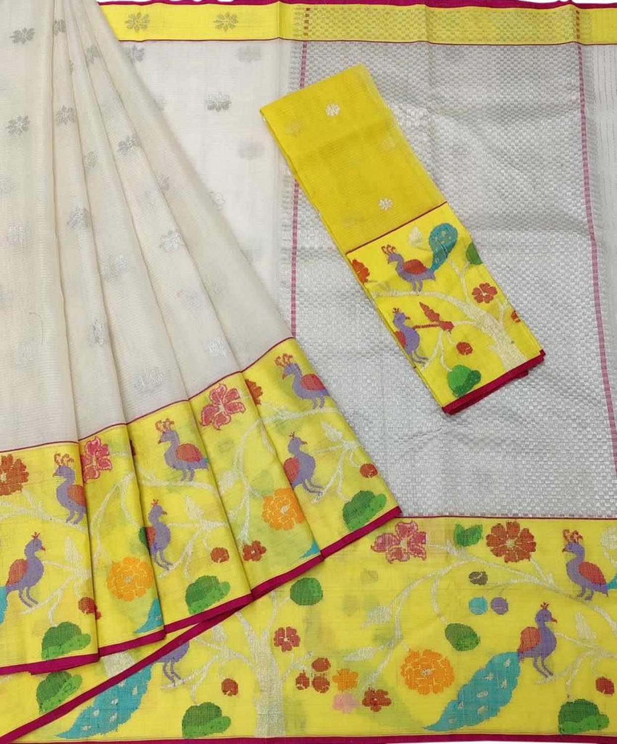 Stunning Off White and Yellow Kota Doria Saree with Real Zari Weaving - Luxurion World