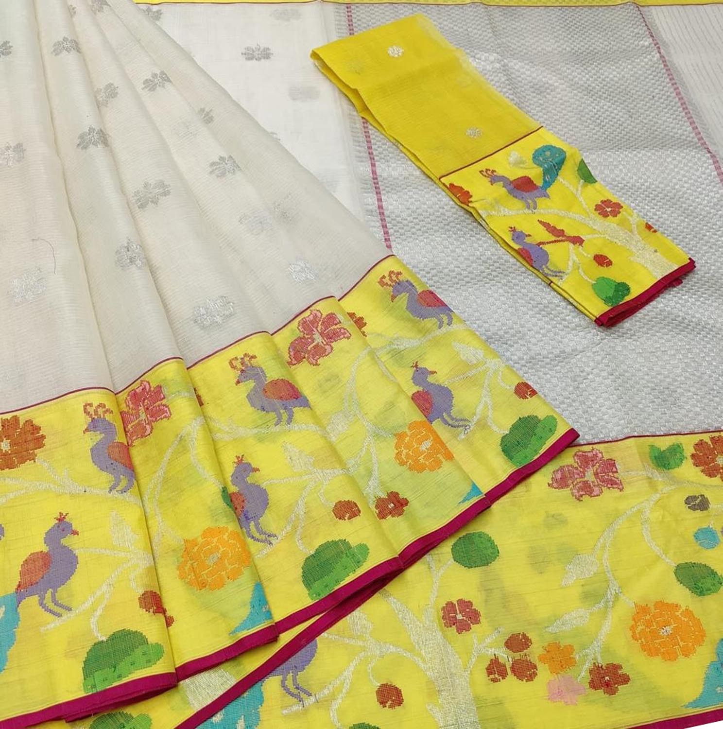Stunning Off White and Yellow Kota Doria Saree with Real Zari Weaving - Luxurion World