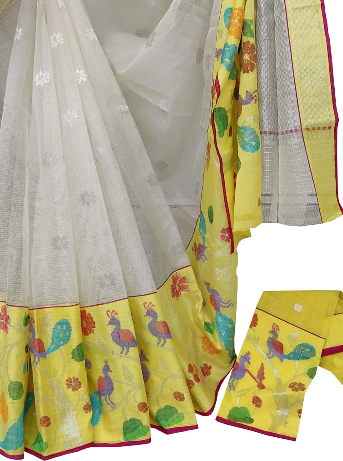 Stunning Off White and Yellow Kota Doria Saree with Real Zari Weaving - Luxurion World