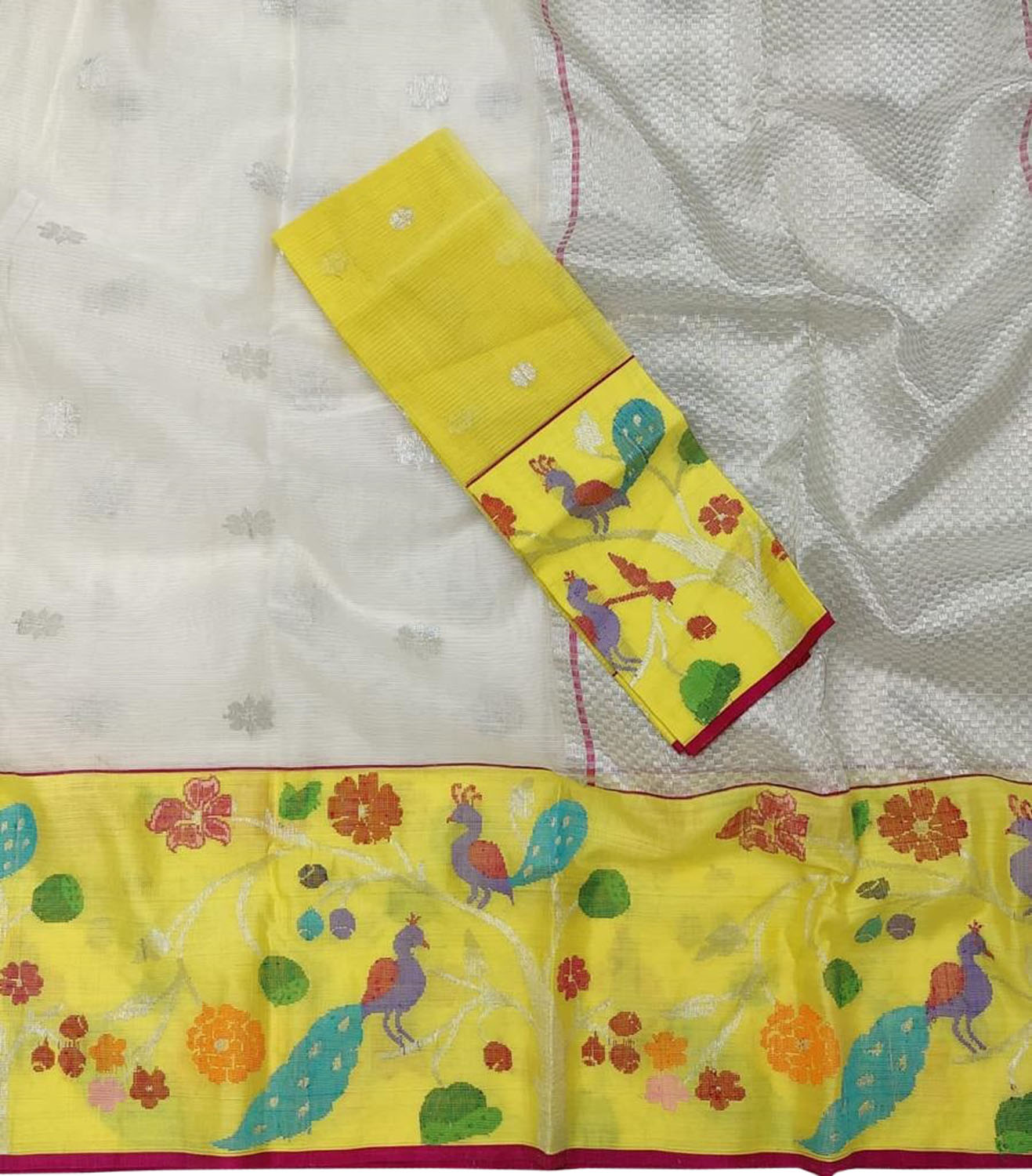 Stunning Off White and Yellow Kota Doria Saree with Real Zari Weaving - Luxurion World