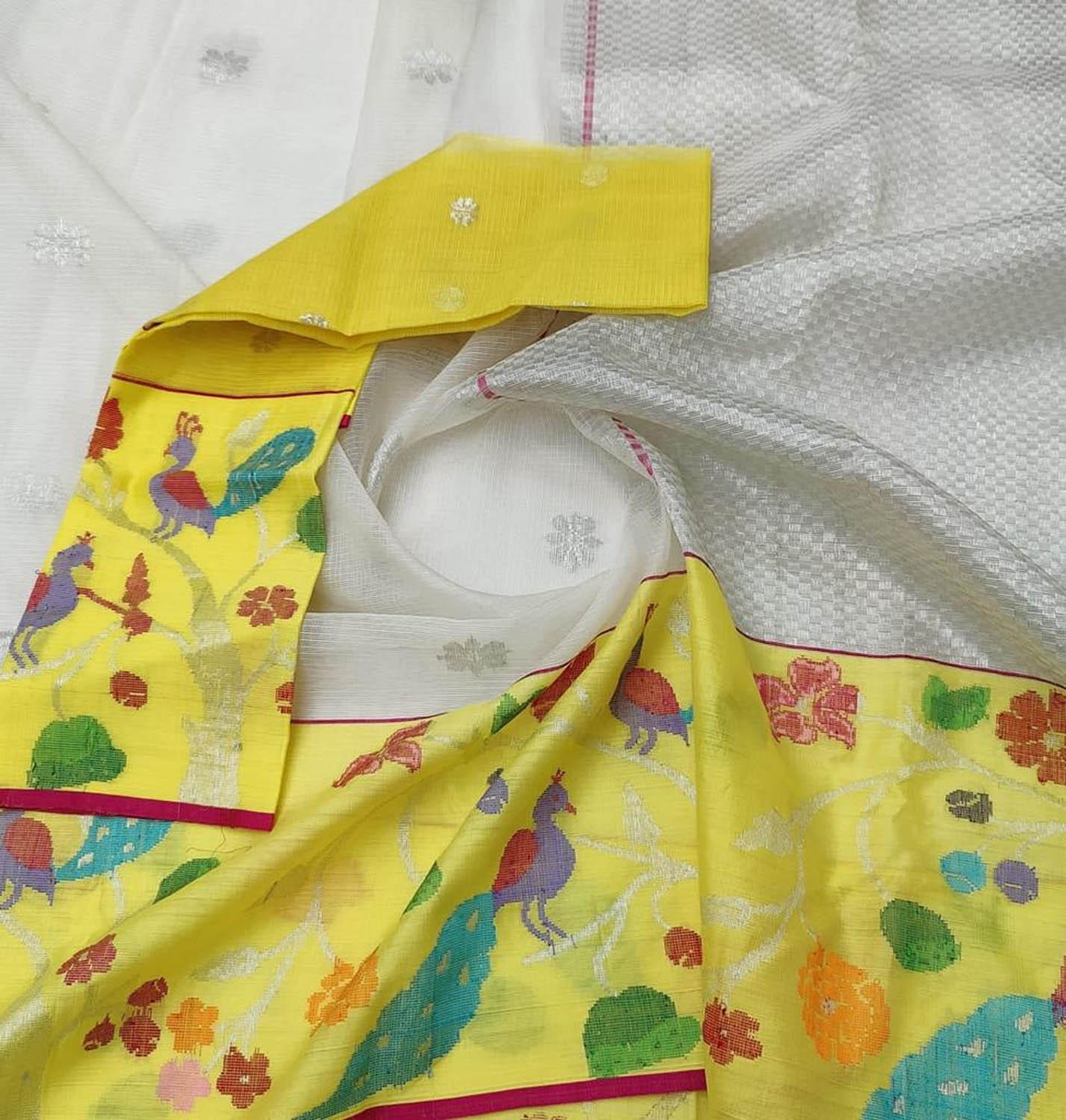 Stunning Off White and Yellow Kota Doria Saree with Real Zari Weaving - Luxurion World