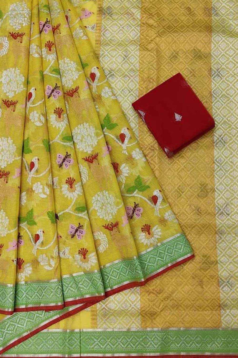 Stunning Yellow and Red Kota Doria Silk Saree with Real Zari and Tissue Weave - Luxurion World