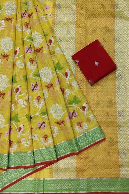 Stunning Yellow and Red Kota Doria Silk Saree with Real Zari and Tissue Weave - Luxurion World