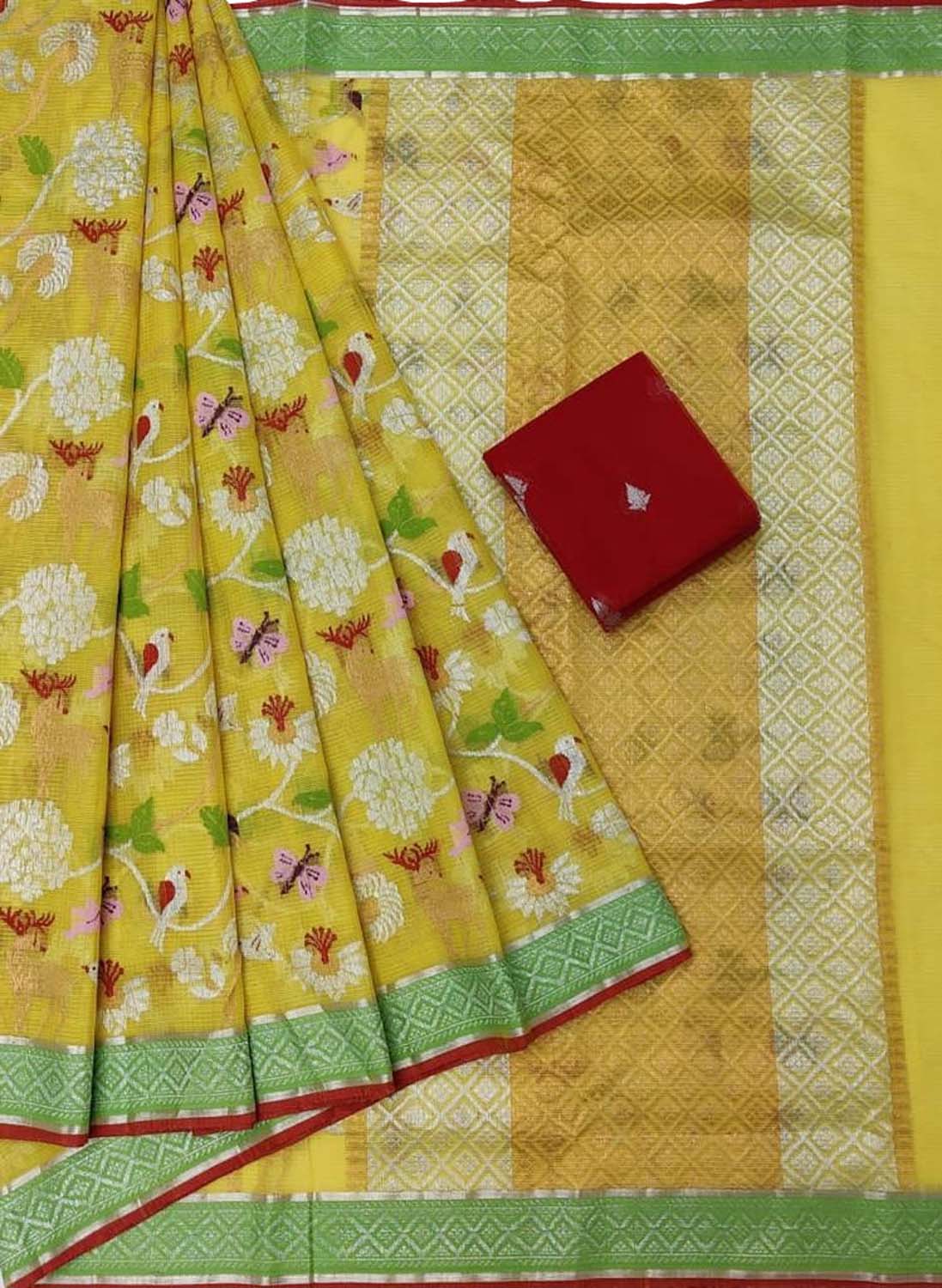 Stunning Yellow and Red Kota Doria Silk Saree with Real Zari and Tissue Weave - Luxurion World
