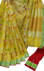 Stunning Yellow and Red Kota Doria Silk Saree with Real Zari and Tissue Weave - Luxurion World