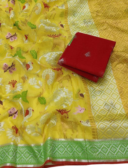 Stunning Yellow and Red Kota Doria Silk Saree with Real Zari and Tissue Weave