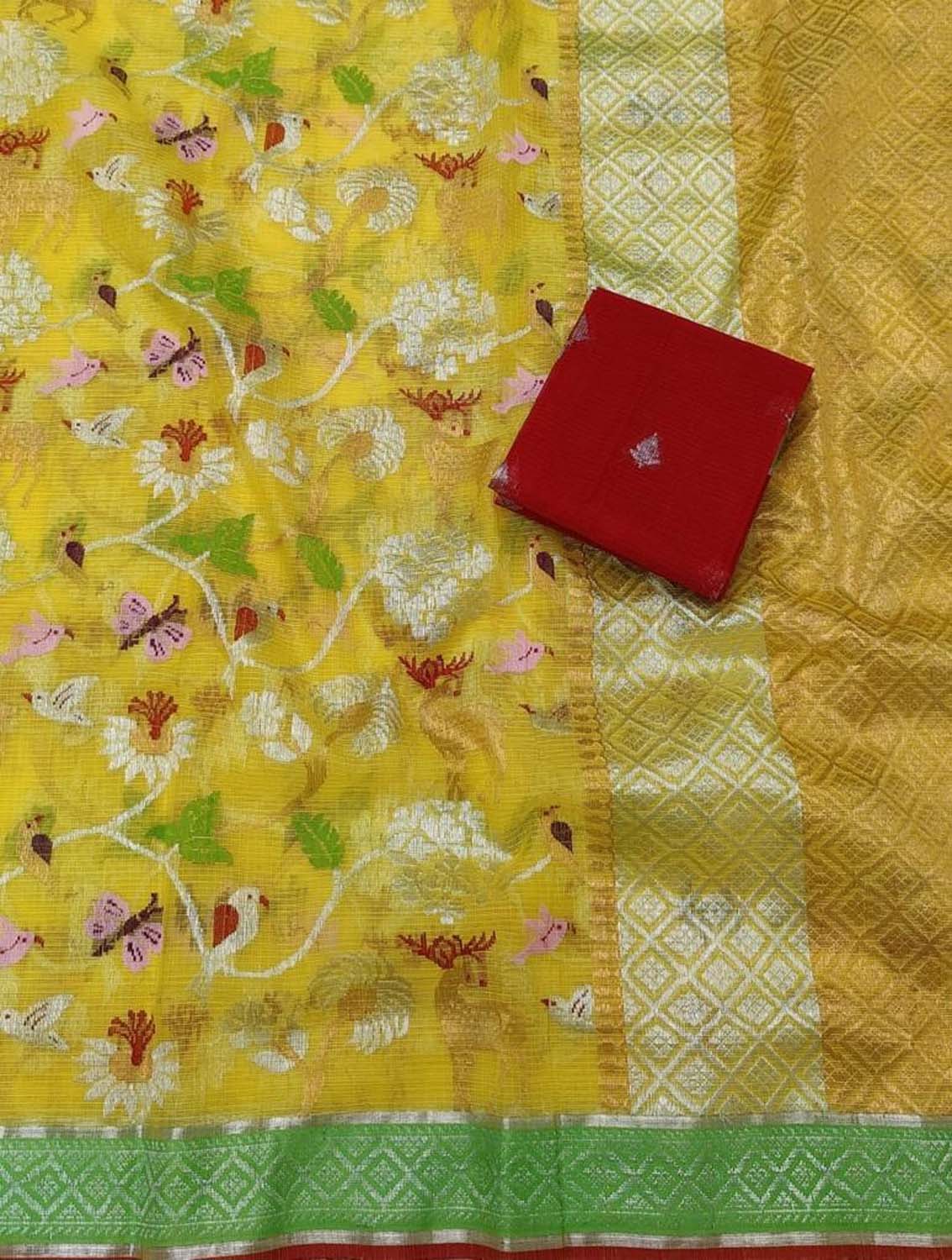 Stunning Yellow and Red Kota Doria Silk Saree with Real Zari and Tissue Weave - Luxurion World