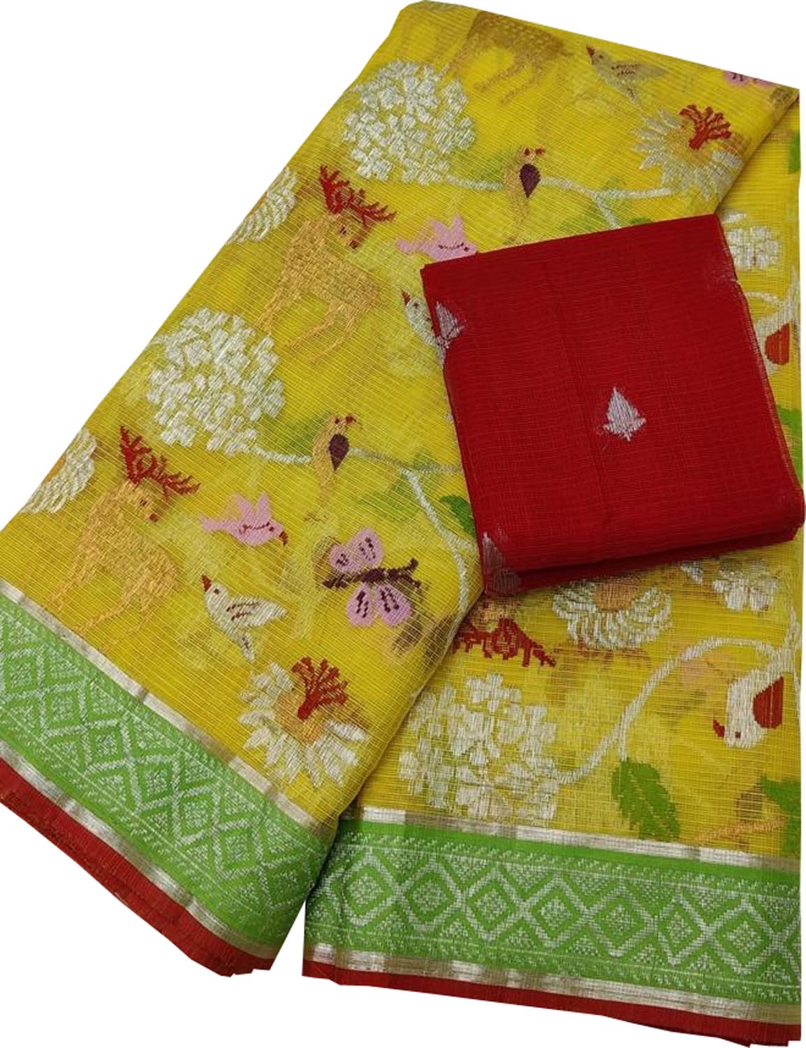 Stunning Yellow and Red Kota Doria Silk Saree with Real Zari and Tissue Weave - Luxurion World