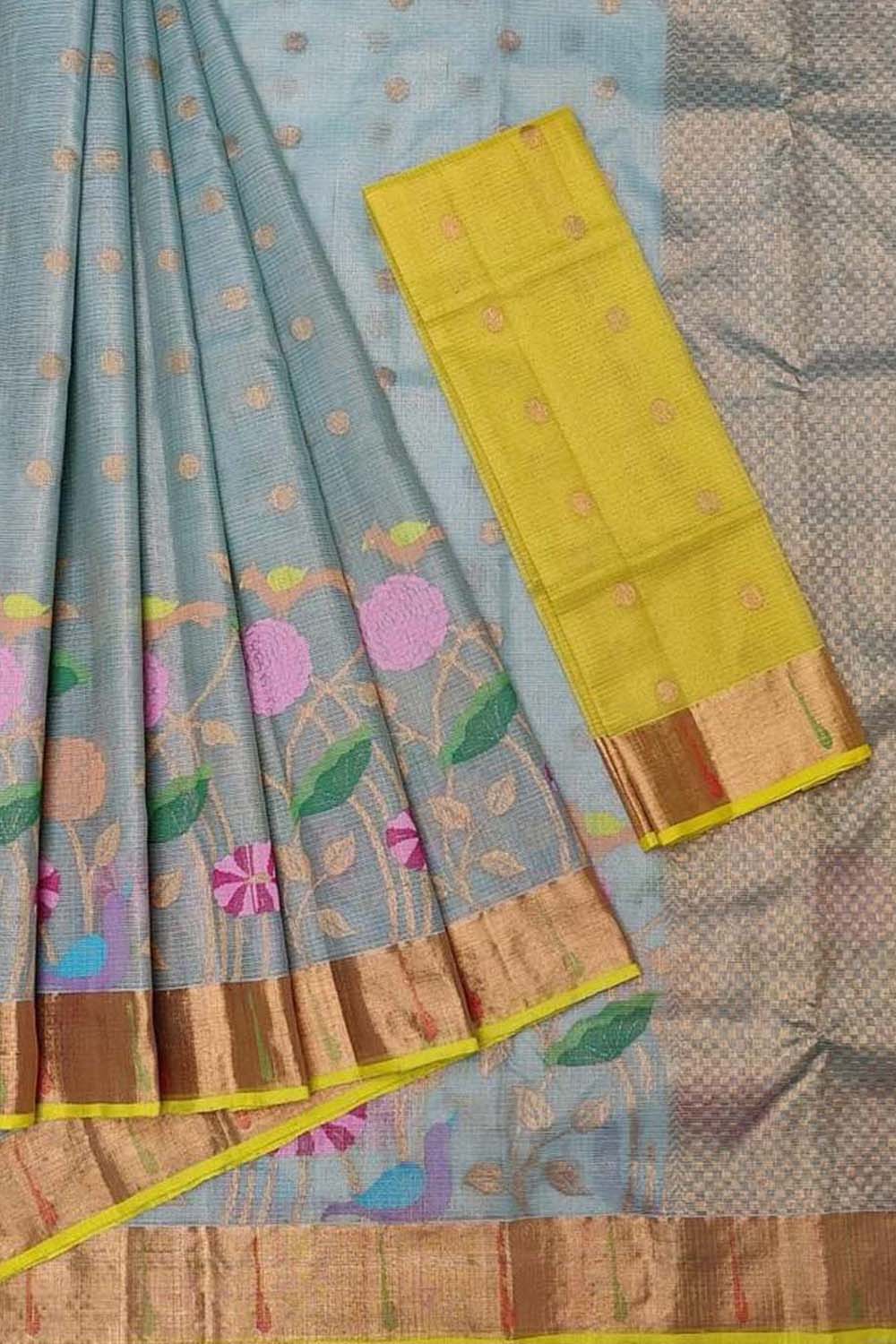 Stunning Blue and Yellow Kota Doria Silk Saree with Real Zari and Tissue Weave - Luxurion World