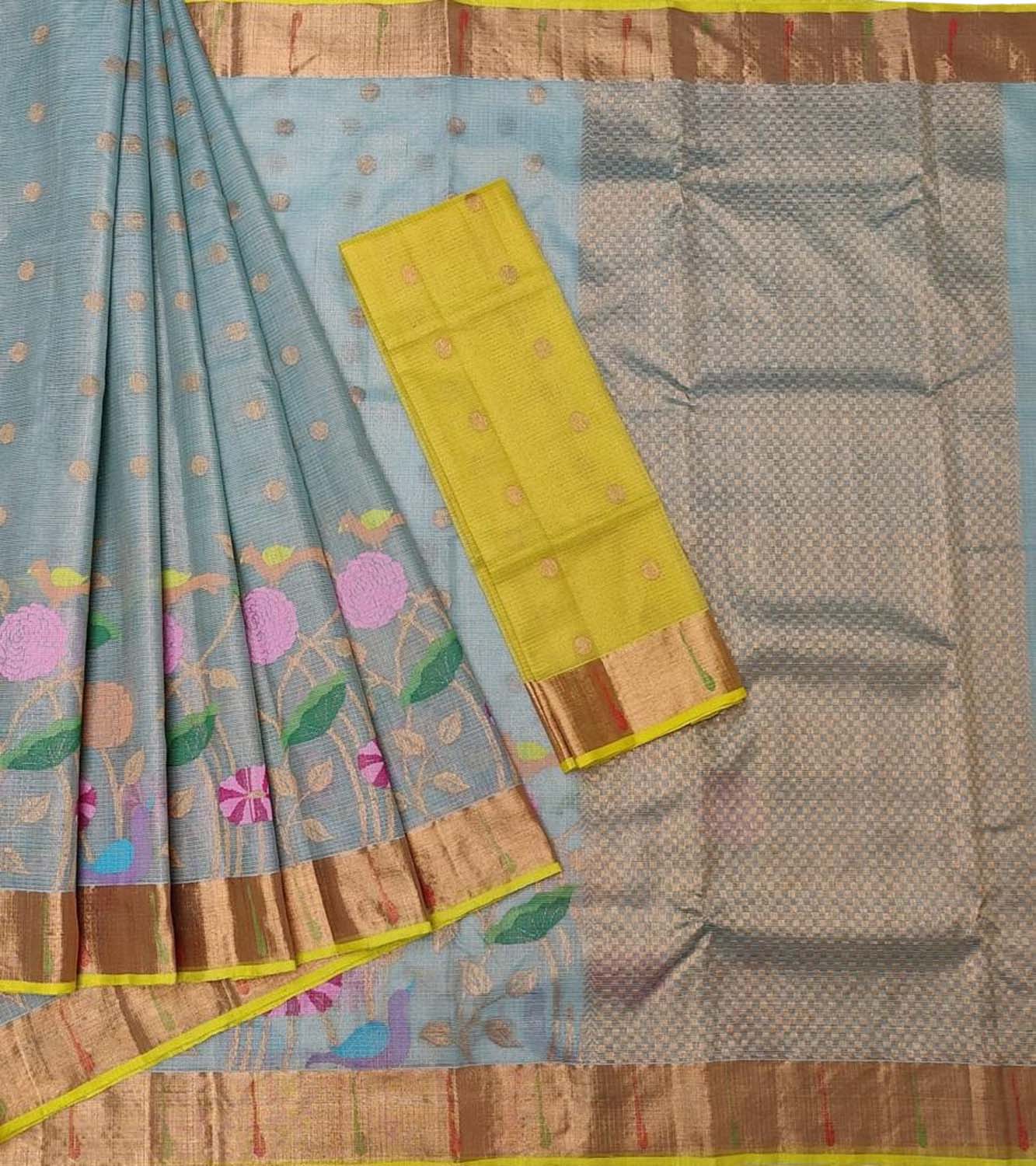 Stunning Blue and Yellow Kota Doria Silk Saree with Real Zari and Tissue Weave - Luxurion World