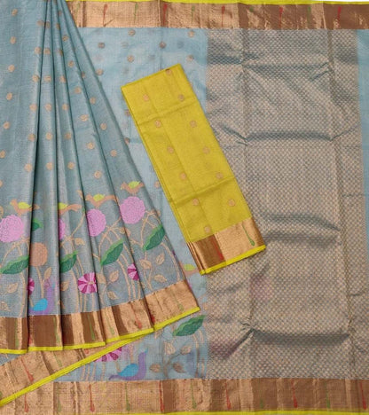 Stunning Blue and Yellow Kota Doria Silk Saree with Real Zari and Tissue Weave - Luxurion World