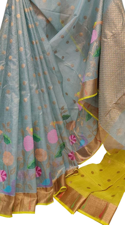 Stunning Blue and Yellow Kota Doria Silk Saree with Real Zari and Tissue Weave - Luxurion World