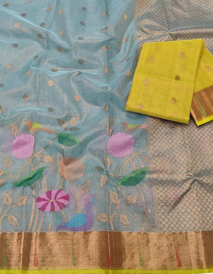 Stunning Blue and Yellow Kota Doria Silk Saree with Real Zari and Tissue Weave - Luxurion World
