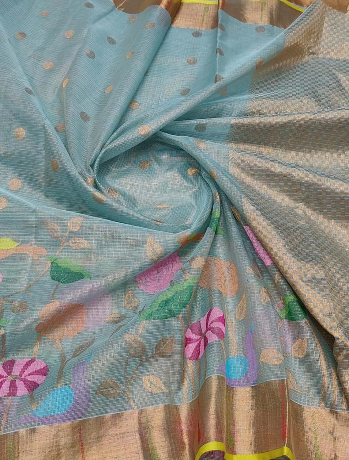 Stunning Blue and Yellow Kota Doria Silk Saree with Real Zari and Tissue Weave - Luxurion World