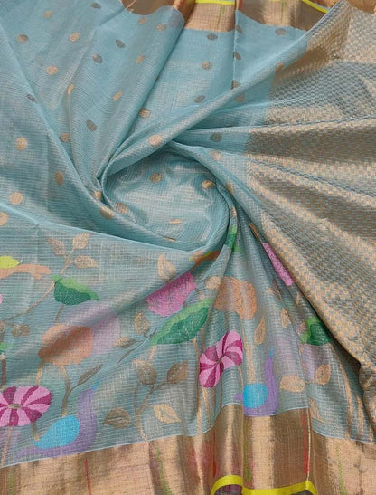 Stunning Blue and Yellow Kota Doria Silk Saree with Real Zari and Tissue Weave - Luxurion World