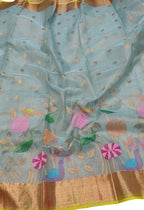 Stunning Blue and Yellow Kota Doria Silk Saree with Real Zari and Tissue Weave - Luxurion World