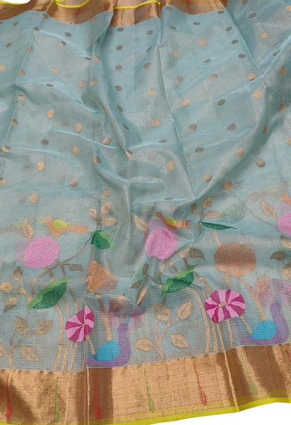 Stunning Blue and Yellow Kota Doria Silk Saree with Real Zari and Tissue Weave - Luxurion World