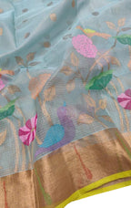 Stunning Blue and Yellow Kota Doria Silk Saree with Real Zari and Tissue Weave - Luxurion World