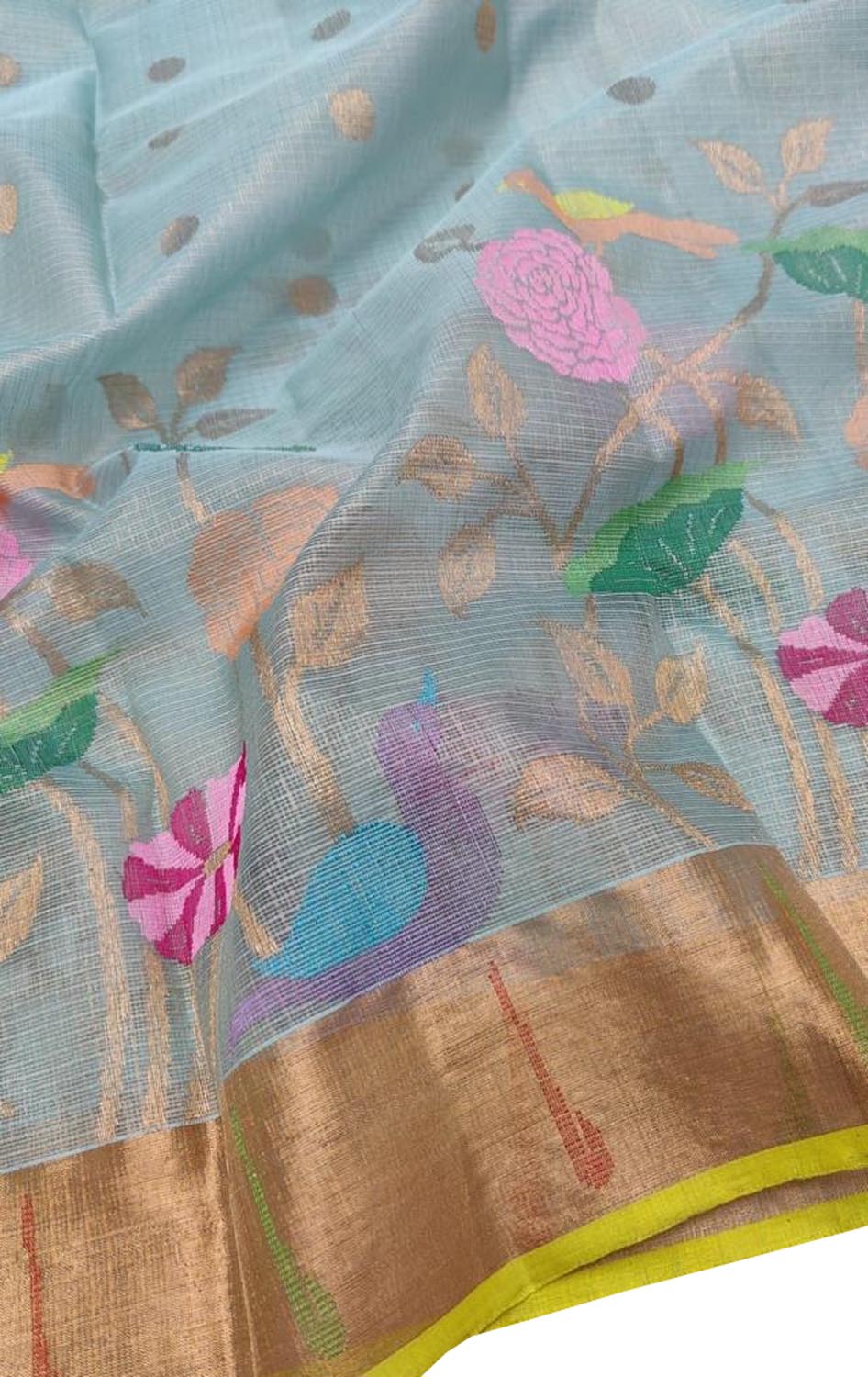 Stunning Blue and Yellow Kota Doria Silk Saree with Real Zari and Tissue Weave - Luxurion World