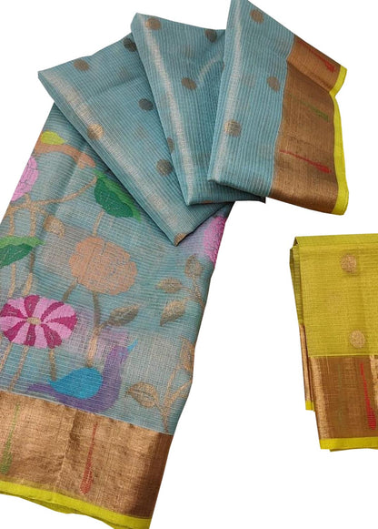 Stunning Blue and Yellow Kota Doria Silk Saree with Real Zari and Tissue Weave - Luxurion World