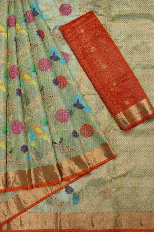 Green & Red Kota Doria Handloom Silk Saree with Real Zari & Tissue Weave - Luxurion World