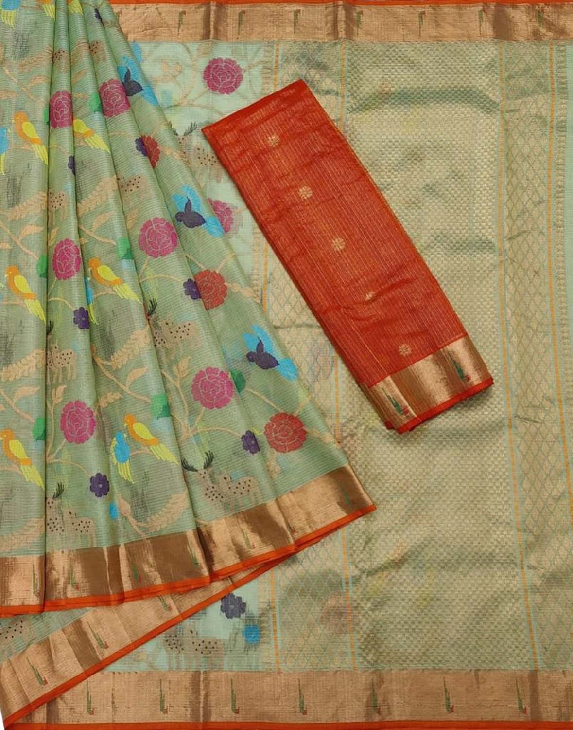 Green & Red Kota Doria Handloom Silk Saree with Real Zari & Tissue Weave
