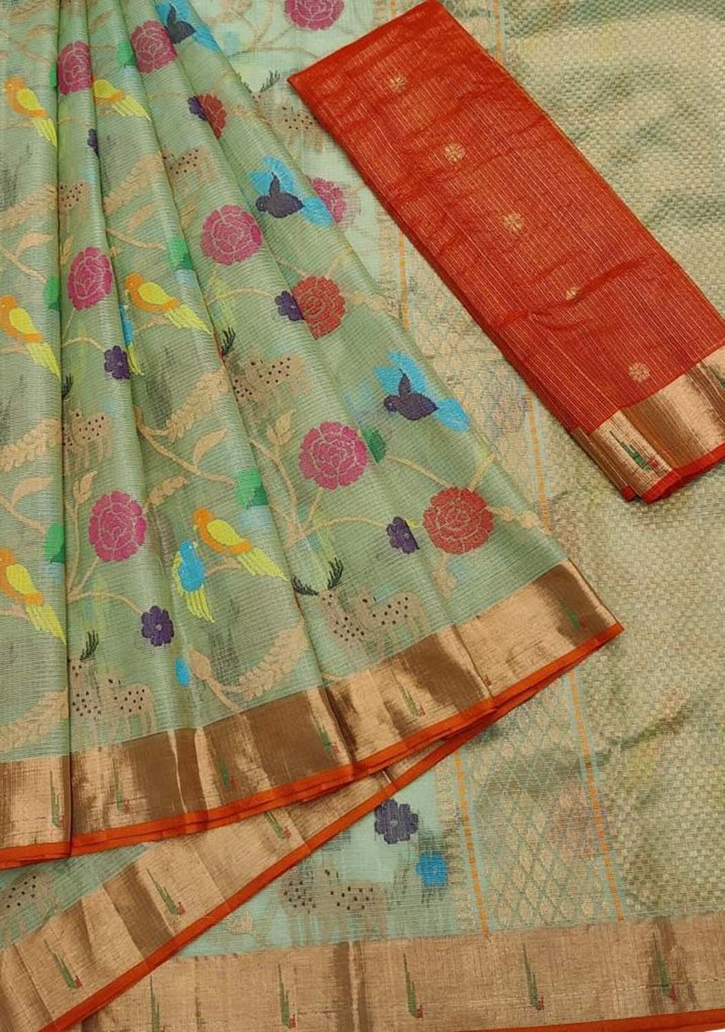 Green & Red Kota Doria Handloom Silk Saree with Real Zari & Tissue Weave - Luxurion World