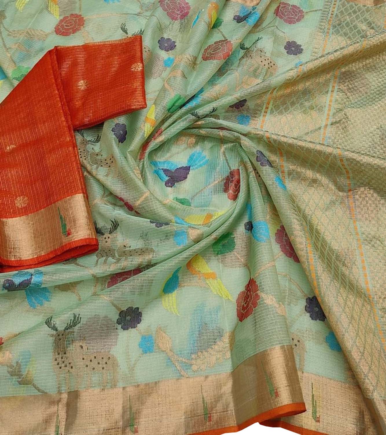 Green & Red Kota Doria Handloom Silk Saree with Real Zari & Tissue Weave - Luxurion World