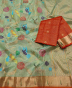 Green & Red Kota Doria Handloom Silk Saree with Real Zari & Tissue Weave - Luxurion World