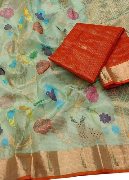 Green & Red Kota Doria Handloom Silk Saree with Real Zari & Tissue Weave - Luxurion World