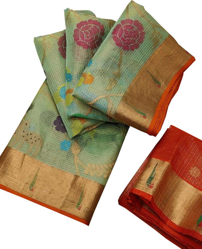 Green & Red Kota Doria Handloom Silk Saree with Real Zari & Tissue Weave