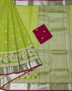 Green Kota Doria Handloom Saree with Real Zari Weaving - Luxurion World
