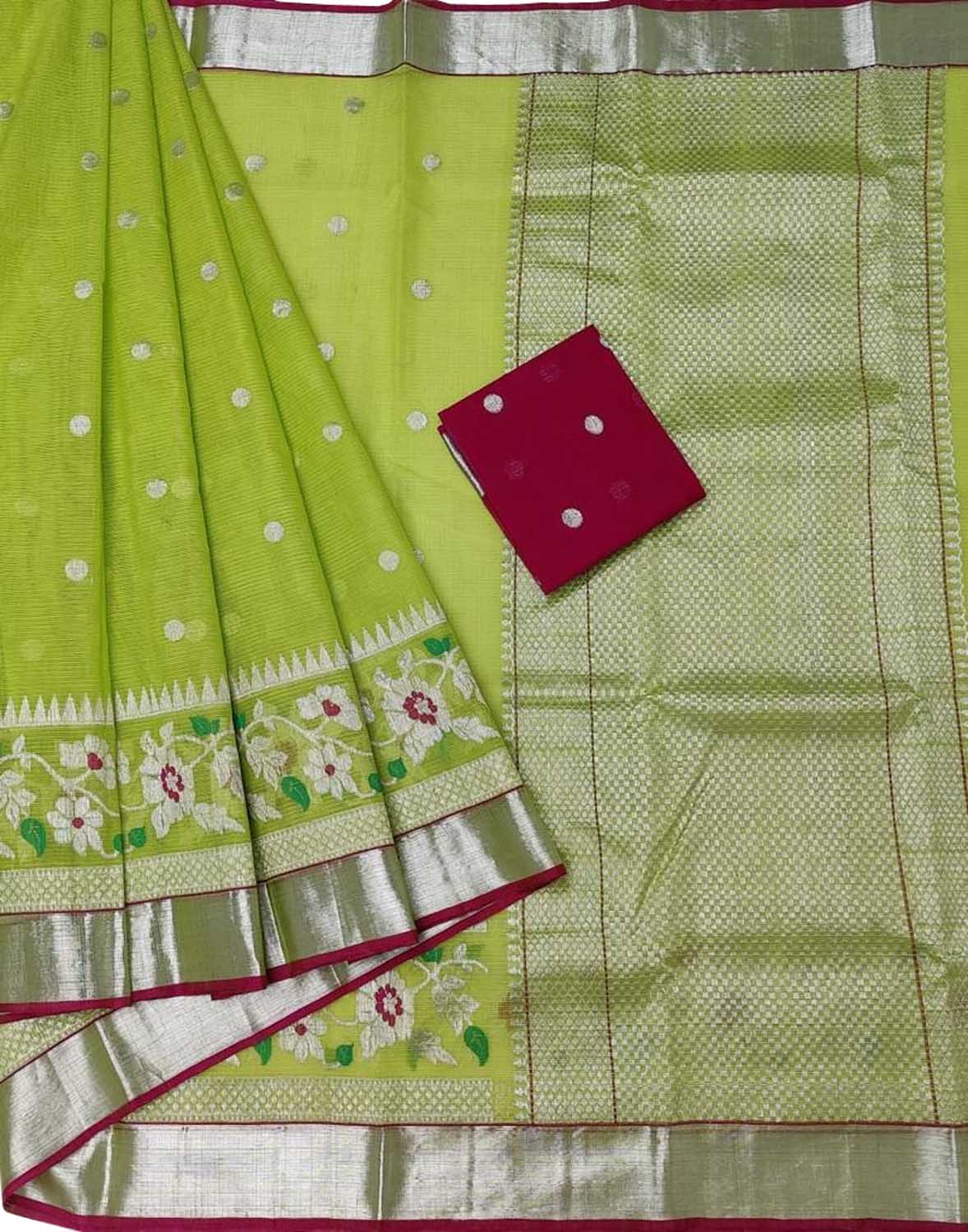 Green Kota Doria Handloom Saree with Real Zari Weaving - Luxurion World