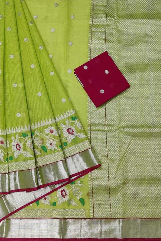 Green Kota Doria Handloom Saree with Real Zari Weaving - Luxurion World