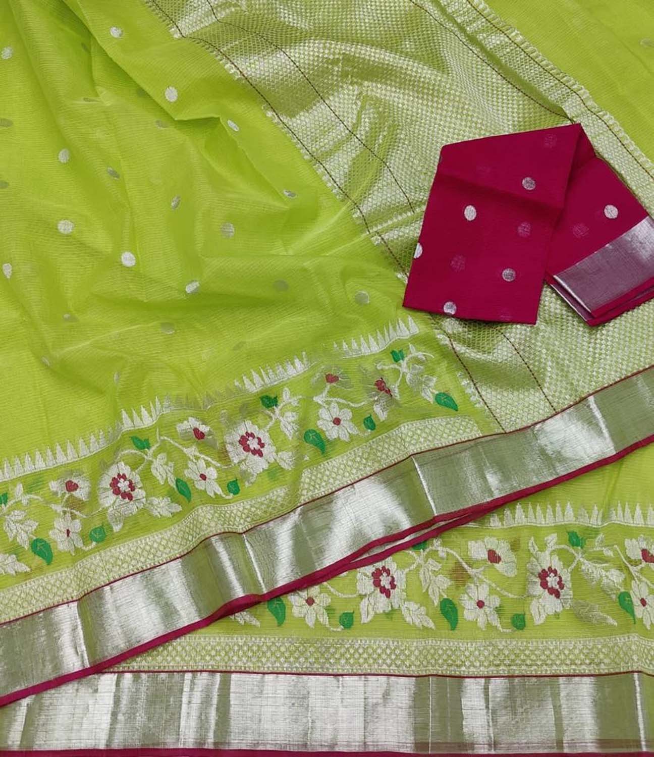 Green Kota Doria Handloom Saree with Real Zari Weaving - Luxurion World