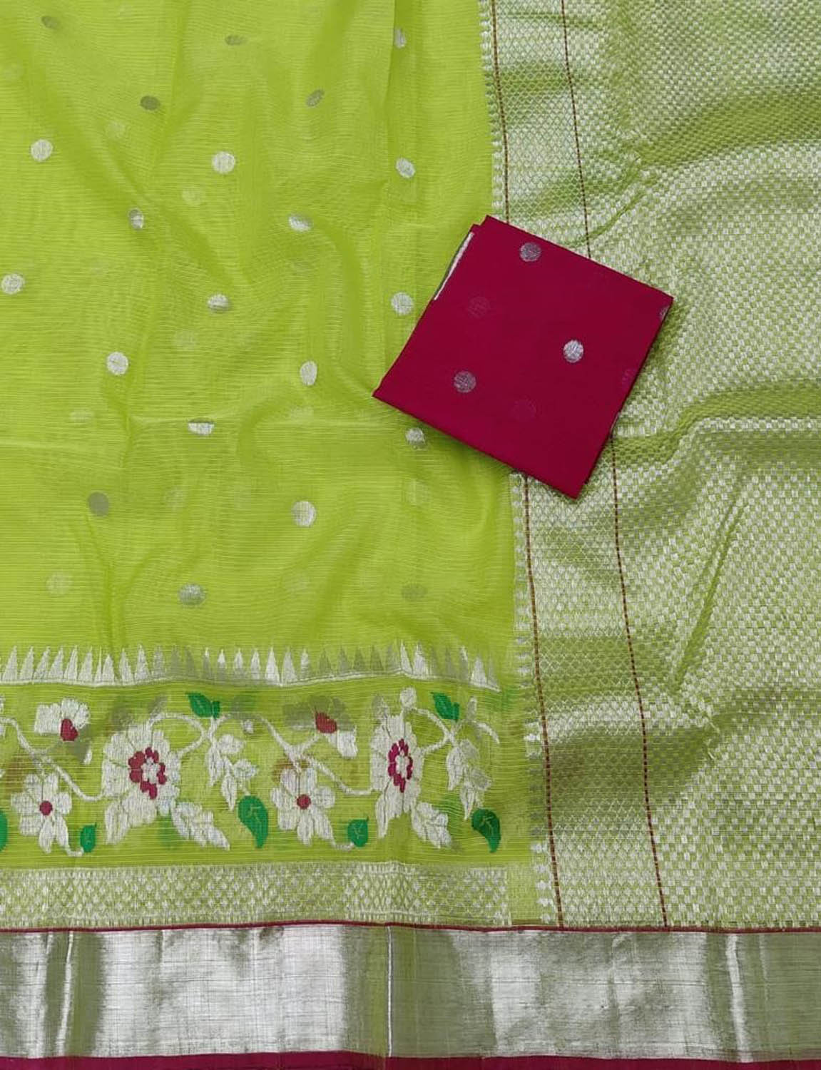 Green Kota Doria Handloom Saree with Real Zari Weaving - Luxurion World