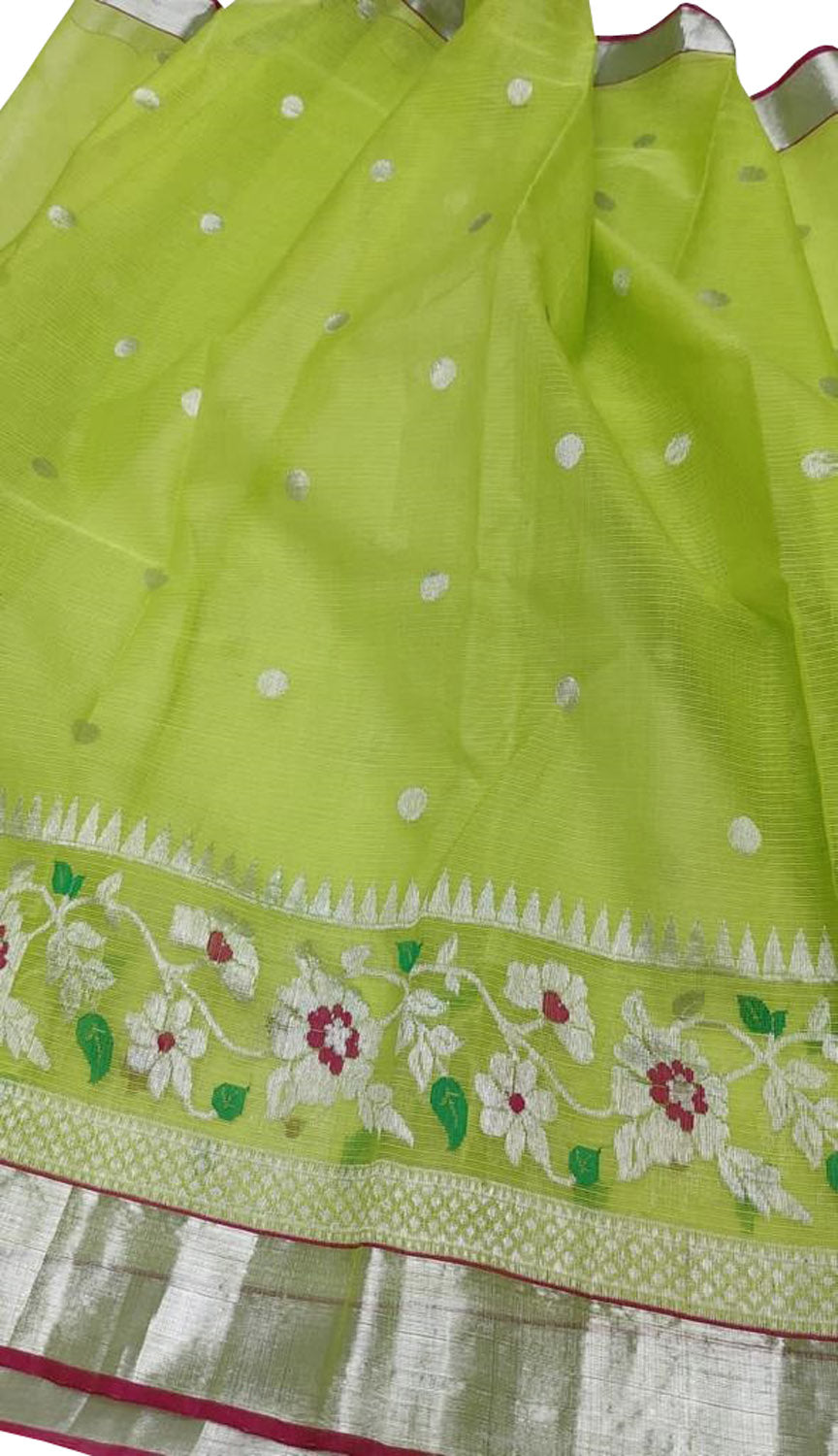 Green Kota Doria Handloom Saree with Real Zari Weaving - Luxurion World