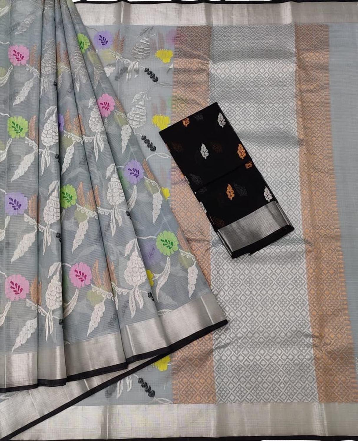 Exquisite Grey Kota Doria Handloom Saree with Real Zari Embellishments - Luxurion World
