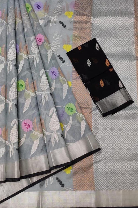 Exquisite Grey Kota Doria Handloom Saree with Real Zari Embellishments - Luxurion World