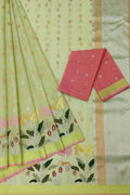 Stunning Green Kota Doria Saree with Real Zari Handloom Weaving - Luxurion World