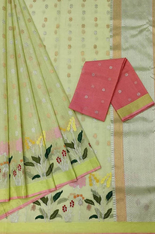 Stunning Green Kota Doria Saree with Real Zari Handloom Weaving - Luxurion World