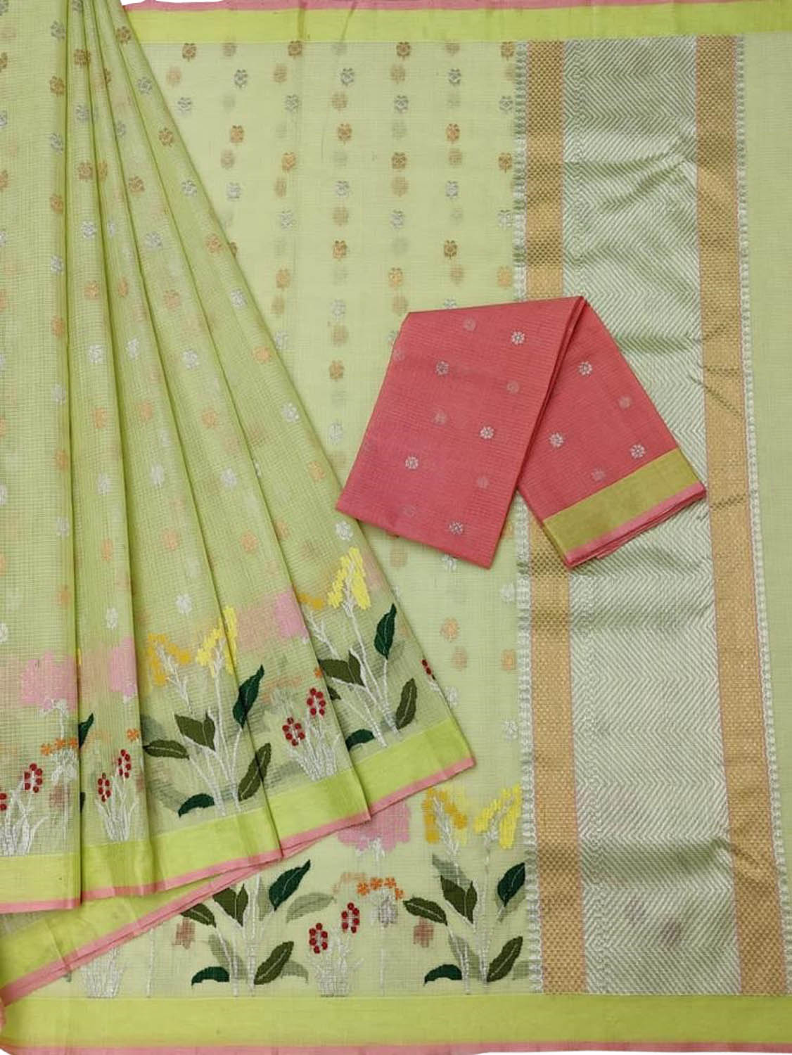 Stunning Green Kota Doria Saree with Real Zari Handloom Weaving - Luxurion World