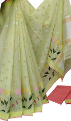 Stunning Green Kota Doria Saree with Real Zari Handloom Weaving - Luxurion World