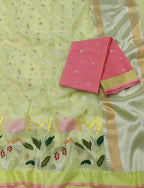 Stunning Green Kota Doria Saree with Real Zari Handloom Weaving - Luxurion World