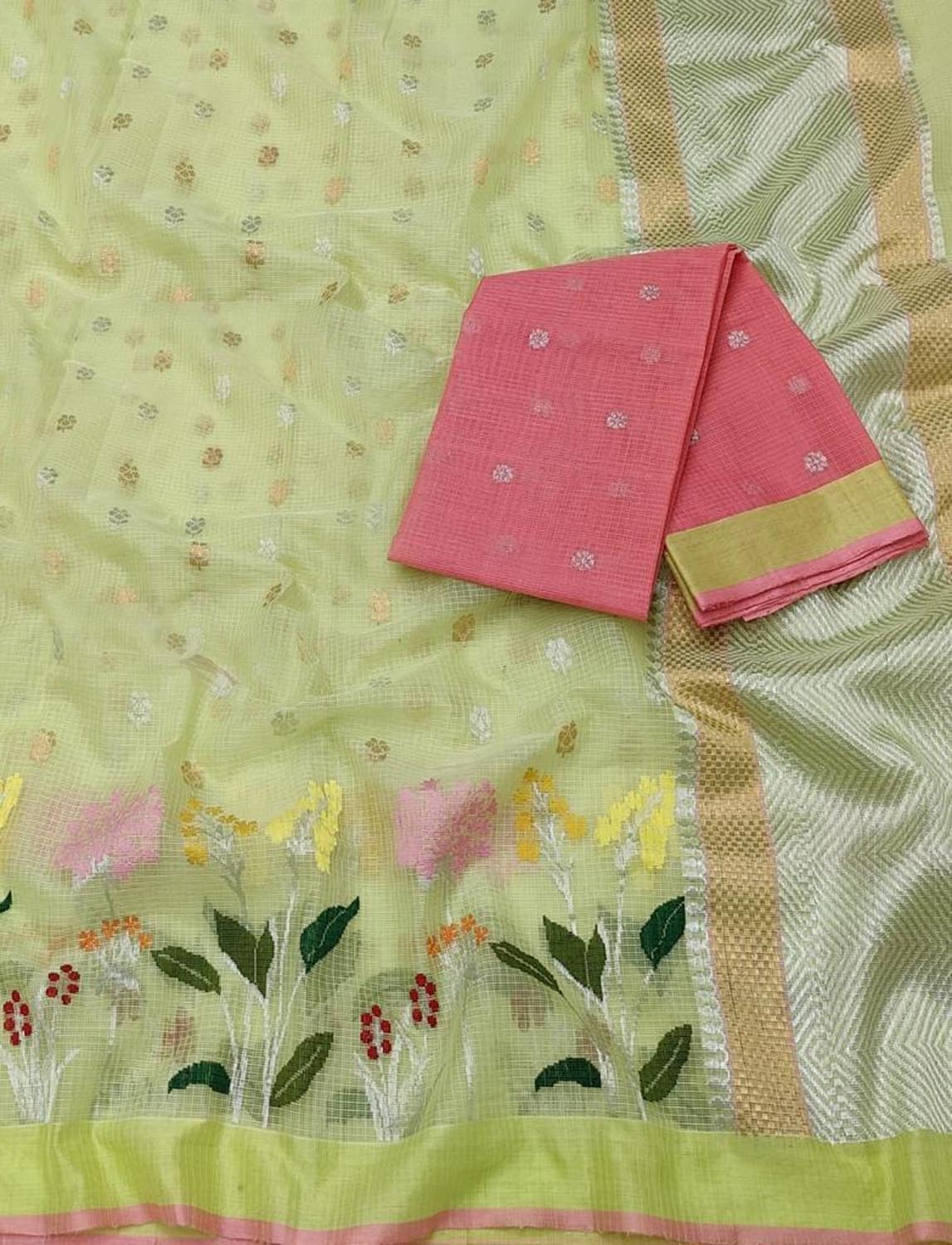 Stunning Green Kota Doria Saree with Real Zari Handloom Weaving - Luxurion World