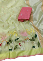 Stunning Green Kota Doria Saree with Real Zari Handloom Weaving - Luxurion World